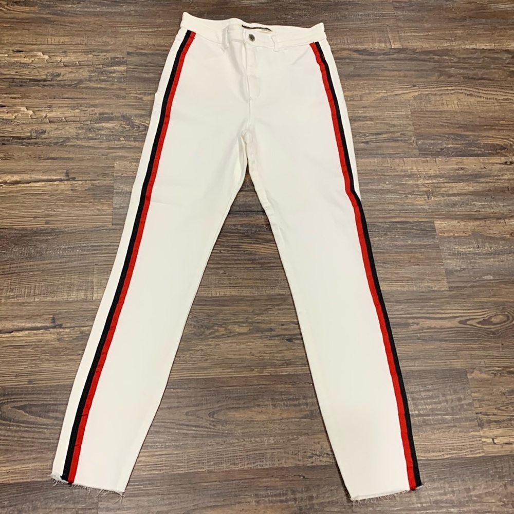 Zara White Skinny Jeans with Red and Black Side Stripes
